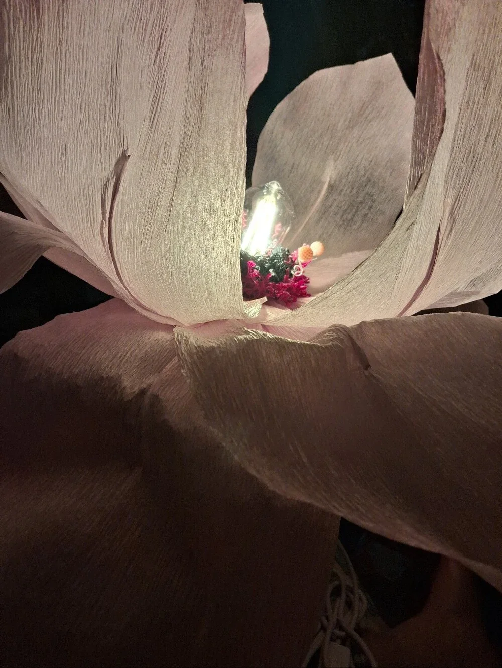 Handcrafted Giant Pink Italian Crepe Paper Flower Hanging Lamp, LED